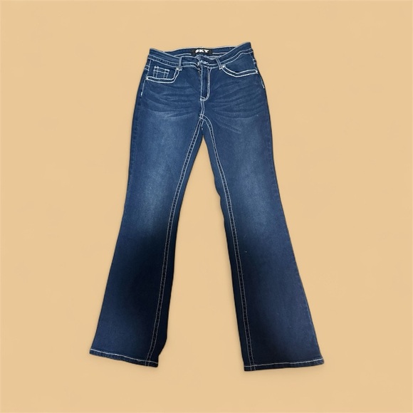 NWOT Sky Denim Flare Jeans with Cross on pockets White Stitching - Picture 1 of 2